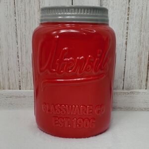 Red Ceramic Mason Jar Utensil Holder for Kitchen Counter Organizer